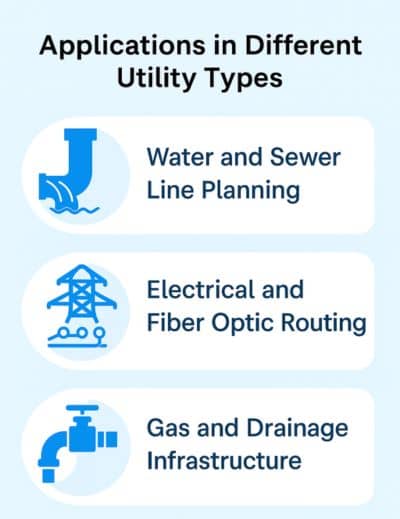 Applications in Different Utility Types Infographic - ALTA SURVEY Georgia Infographic showing LiDAR applications for water, sewer, electrical, fiber optic, gas, and drainage utility planning