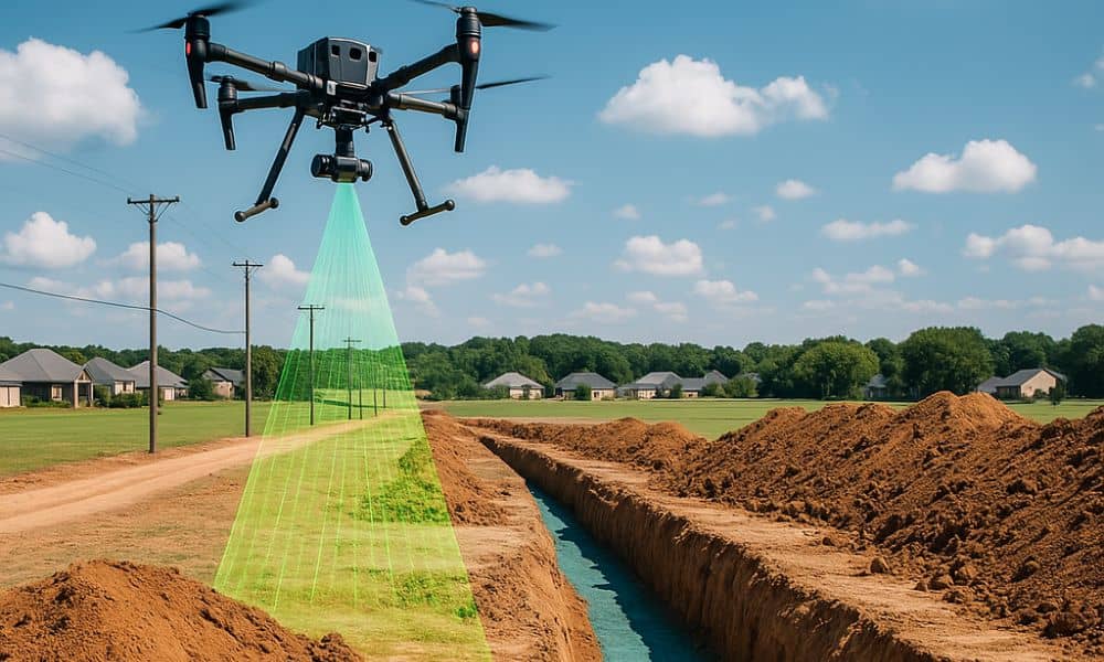 Drone performing LiDAR elevation mapping over utility trench Ringgold - ALTA SURVEY Georgia lidar mapping - Drone conducting LiDAR-based elevation mapping over a utility trench at a suburban construction site in Ringgold GA