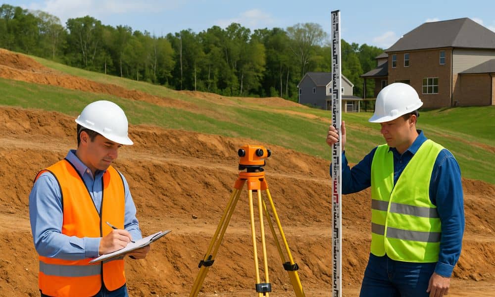  Land surveyors recording elevation data on a sloped construction site for an elevation certificate in Warner Robins.


