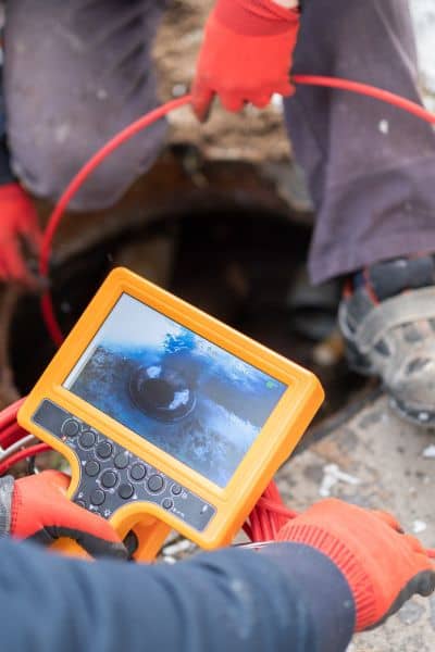 Transportation engineers inspecting stormwater drainage system with video inspection equipment
