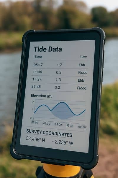 Tide data gps tablet topographic surveys - ALTA SURVEY Georgia Tablet displaying tide data and elevation graph used by surveyors for planning accurate topographic surveys near coastal areas