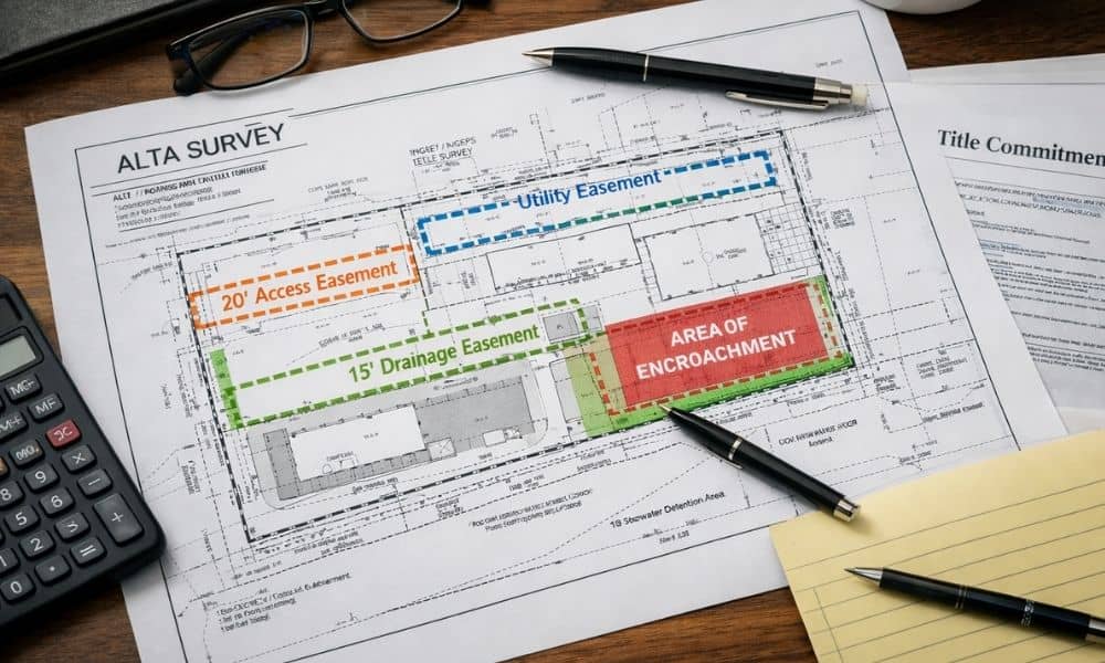 Commercial site plan exception mapping review landscape - ALTA SURVEY Georgia ALTA survey exception mapping showing easements and encroachments reviewed during commercial due diligence
