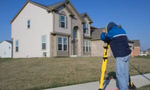 Residential surveyor measuring property boundaries in front of a suburban home