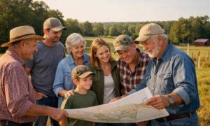 Family members looking over a lot survey map on their property