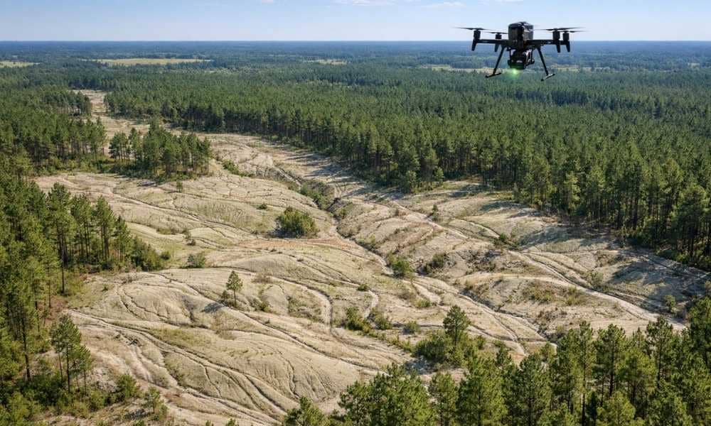 LiDAR mapping reveals hidden terrain features beneath a large pine forest across a large acreage using a bare-earth model