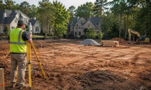 Surveyor conducting a construction survey on a new home site in Atlanta, Georgia