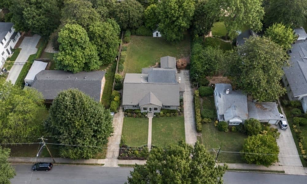 Aerial view of an Atlanta residential property, showing the lot layout surveyors near me can help buyers verify before closing