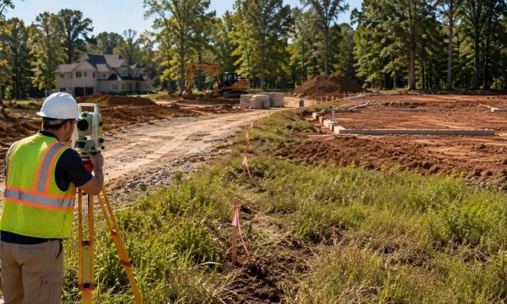 Surveyor conducting a property survey at a Georgia construction site where an easement may affect the planned build