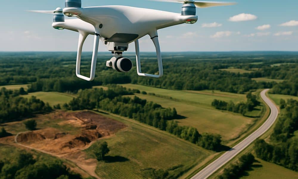 Drone aerial view LiDAR mapping for utility planning - ALTA SURVEY Georgia Drone capturing LiDAR mapping data for utility planning and terrain analysis over a suburban site