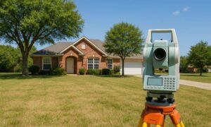 Land surveying instrument set up in front of a residential home, capturing elevation and boundary data for a property survey in Carrollton, GA.
