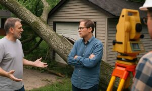Boundary survey helps resolve property dispute in Georgia after a tree falls and damages a neighbor's garage.
