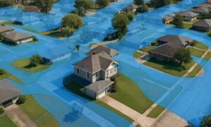 Aerial view of homes with blue FEMA flood zone overlays showing areas where an elevation certificate can prove reduced flood risk