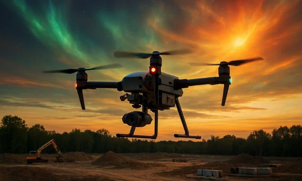 Drone land surveying at a construction site under a glowing sky caused by solar storm activity
