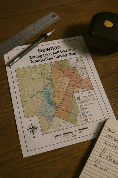 Alta land title survey mapping documents - ALTA SURVEY Georgia Detailed zoning and topographic survey map with field notes and measuring tools, showing the documentation process behind an ALTA Land Title Survey