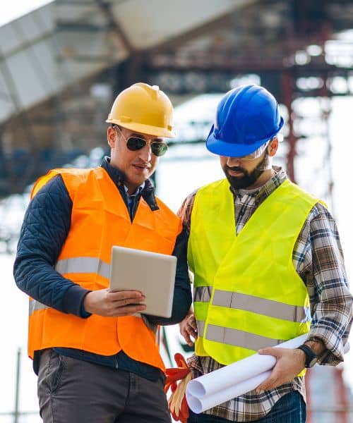 Engineers reviewing digital data from a boundary line survey on a road construction site using tablet and plans