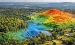 Aerial terrain elevation model overlay - ALTA SURVEY Georgia Aerial terrain view with digital elevation model overlay showing detailed lidar mapping for land analysis