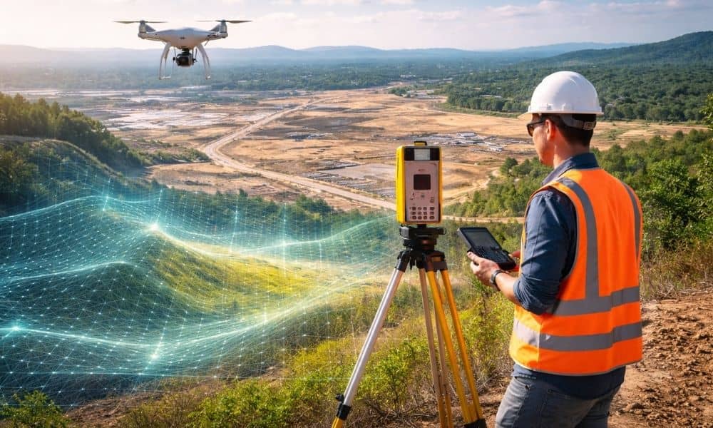 Surveyor using drone and digital terrain overlay to assist surveying companies with modern field mapping