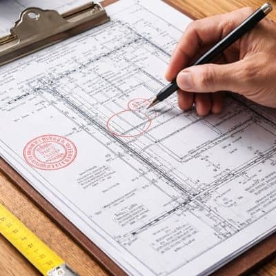 Land survey company reviewing a detailed boundary survey plan and measurements on a desk