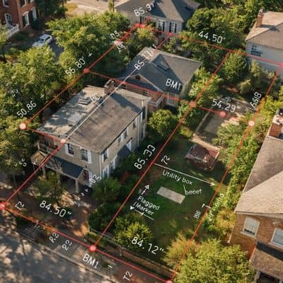 Aerial view of a historic residential block with property boundaries and measurements highlighted to support land surveying documentation