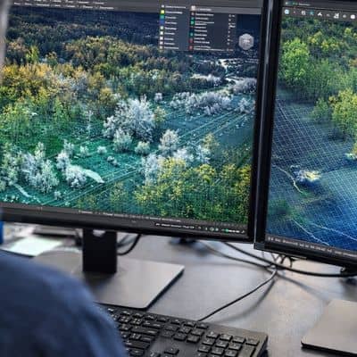 Lidar point cloud data processing - ALTA SURVEY Georgia Engineer reviewing point cloud data on dual monitors as part of lidar mapping analysis and terrain verification