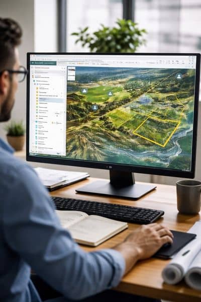 Engineer analyzing ArcGIS Online on a laptop with digital map layers and tools, illustrating survey mapping workflows and data analysis