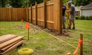Fence boundary misalignment backyard installation - ALTA SURVEY Georgia Backyard fence being installed along a property line without a lot survey, showing slight misalignment with boundary markers