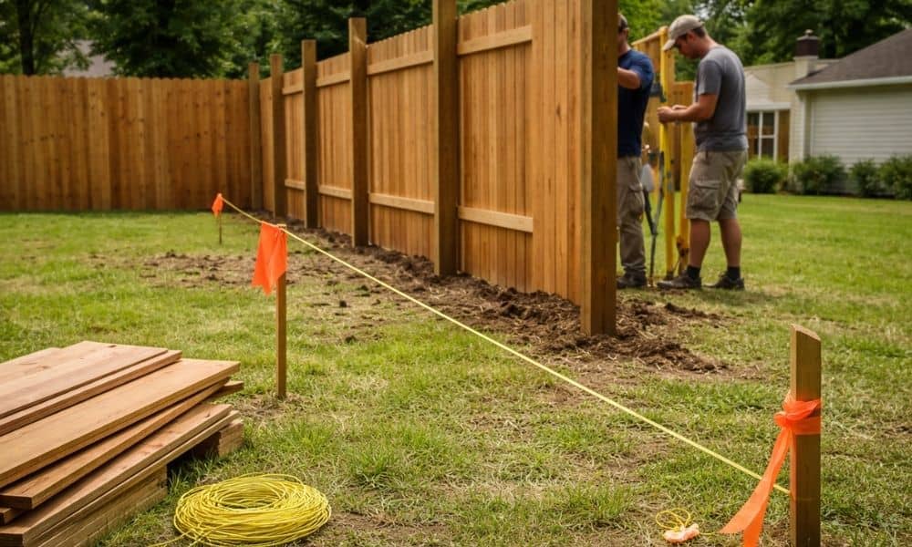 Fence boundary misalignment backyard installation - ALTA SURVEY Georgia Backyard fence being installed along a property line without a lot survey, showing slight misalignment with boundary markers