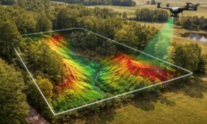 Hidden terrain property scan - ALTA SURVEY Georgia 3D LiDAR scan overlay on a wooded property showing hidden slopes and terrain variations for land evaluation