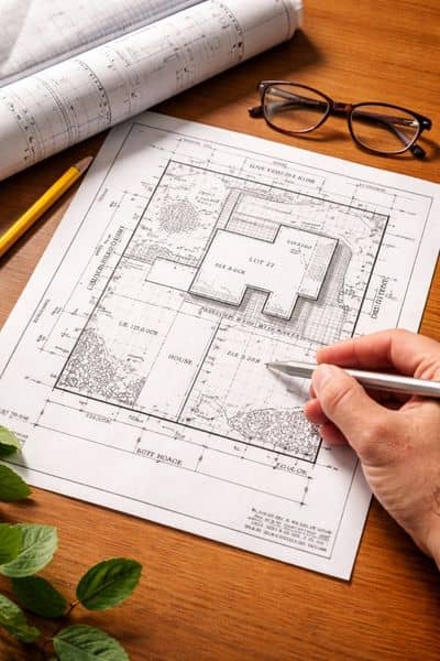 Property survey document on desk - ALTA SURVEY Georgia Detailed plat of survey document showing property lines and dimensions on a desk