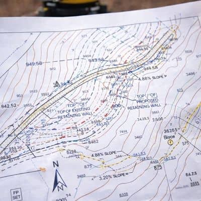 Topographic survey map showing slope, elevation changes, and retaining wall layout for site planning