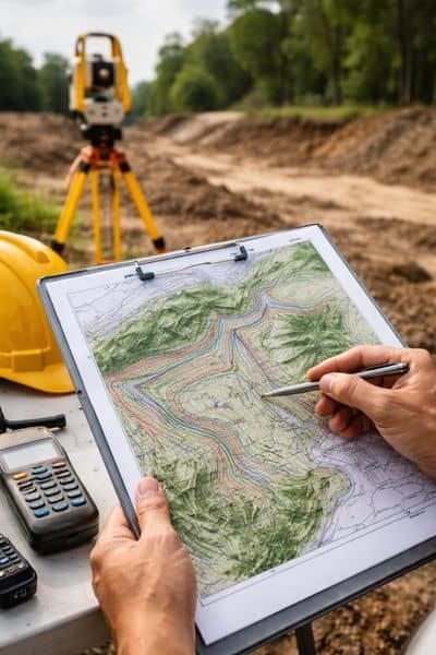 Surveyor examining a topographic map with contour lines and slopes, showing how a topographic survey helps plan drainage and land use