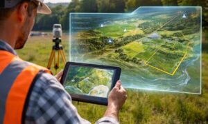 A surveyor using a tablet and GPS equipment in the field with a digital map overlay, illustrating modern survey mapping workflows