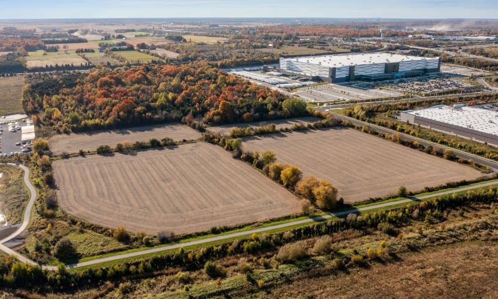 Aerial view of land parcels near a data center site showing boundaries used in cadastral surveyor work