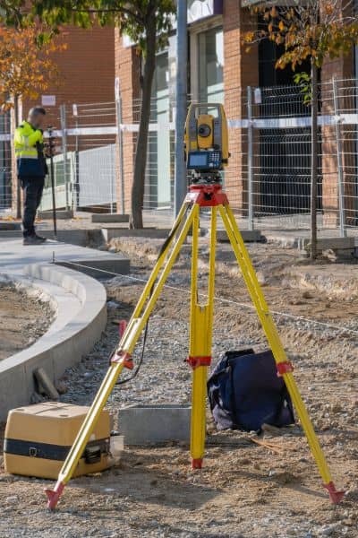 A land development engineer using survey equipment to mark layout and plan site grading before construction begins