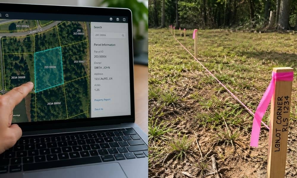 Split-screen image showing a GIS property map on a laptop beside real land with survey stakes marking boundaries in a wooded area