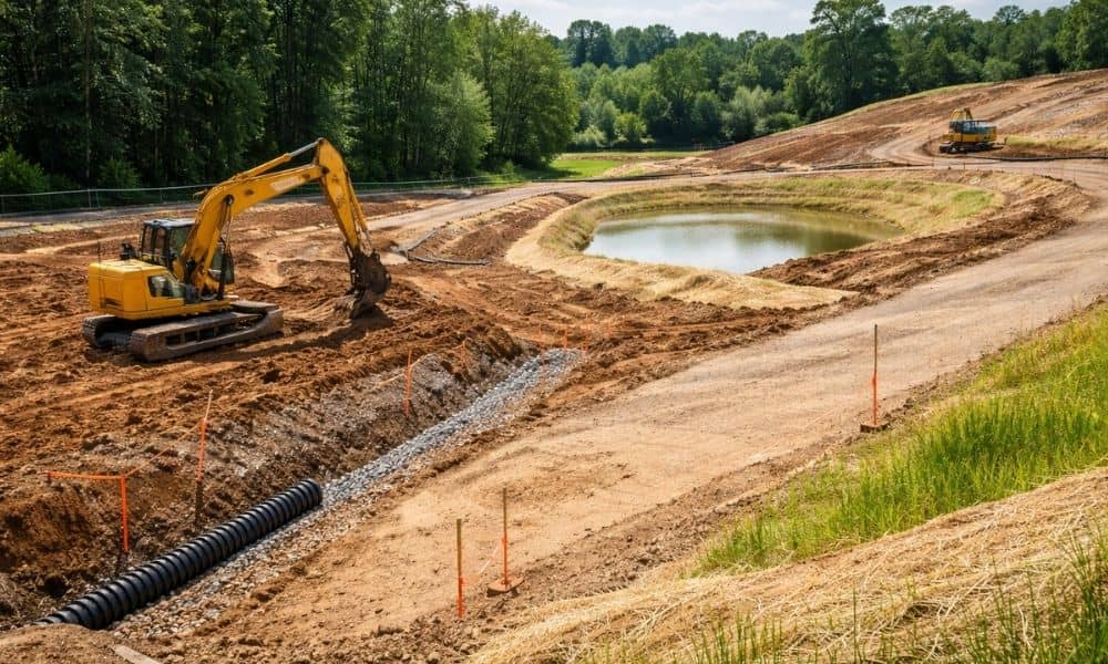 A land development engineer planning grading and drainage on a construction site before building begins