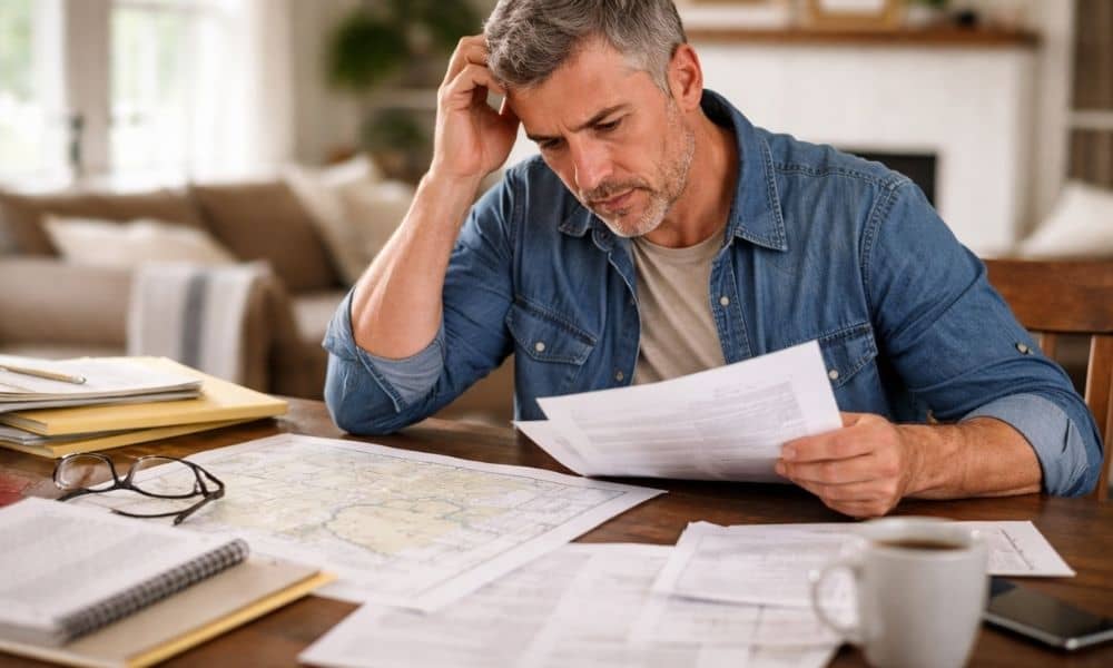 Homeowner searching through paperwork to find a missing boundary survey before starting a building project