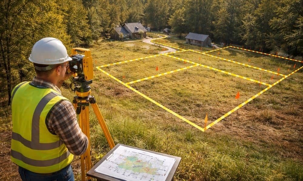 A surveyor marking boundary lines on land to divide a property into separate lots