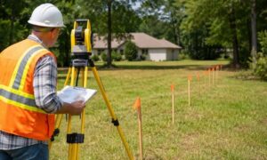 Land surveyor marking property lines - ALTA SURVEY Georgia Land surveyor measuring property lines to estimate land survey cost for a fence, driveway, and site plan
