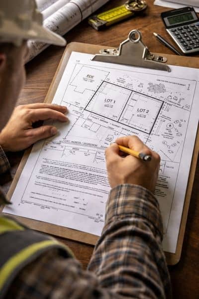 A surveyor reviewing a lot split plat map with property lines and measurements on a clipboard