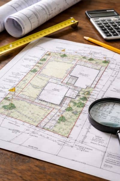 Detailed property map showing boundary survey lines and lot measurements used for planning a building project