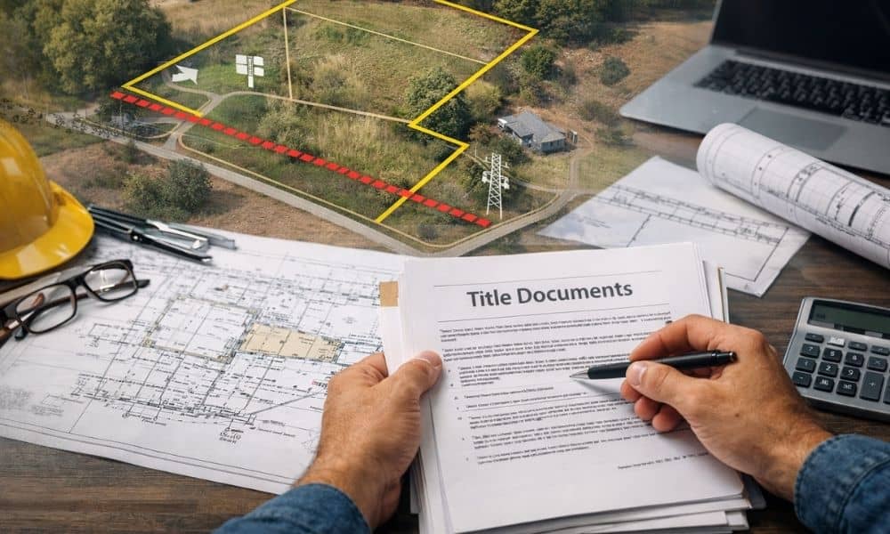 Surveyor reviewing title documents and site plan on a desk during pre-construction property review for an alta survey in a modern office setting