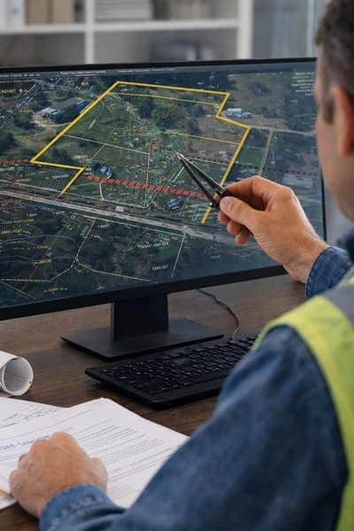 Surveyor reviewing digital property map with boundary lines and easement overlays on a computer screen during an ALTA survey planning stage showing technical site details and land data analysis