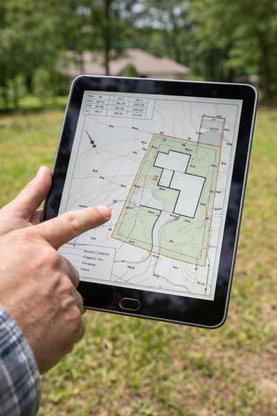 Surveyor reviewing a site plan drawing to estimate land survey cost for a building and property layout