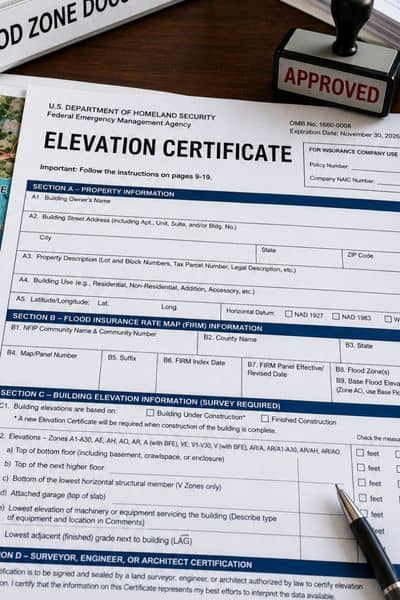 Close-up of elevation certificate and flood zone documents on a desk with survey maps and approval stamp, showing construction permit review process