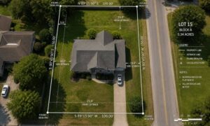 Aerial view of a home survey showing property lines and measurements for a building permit