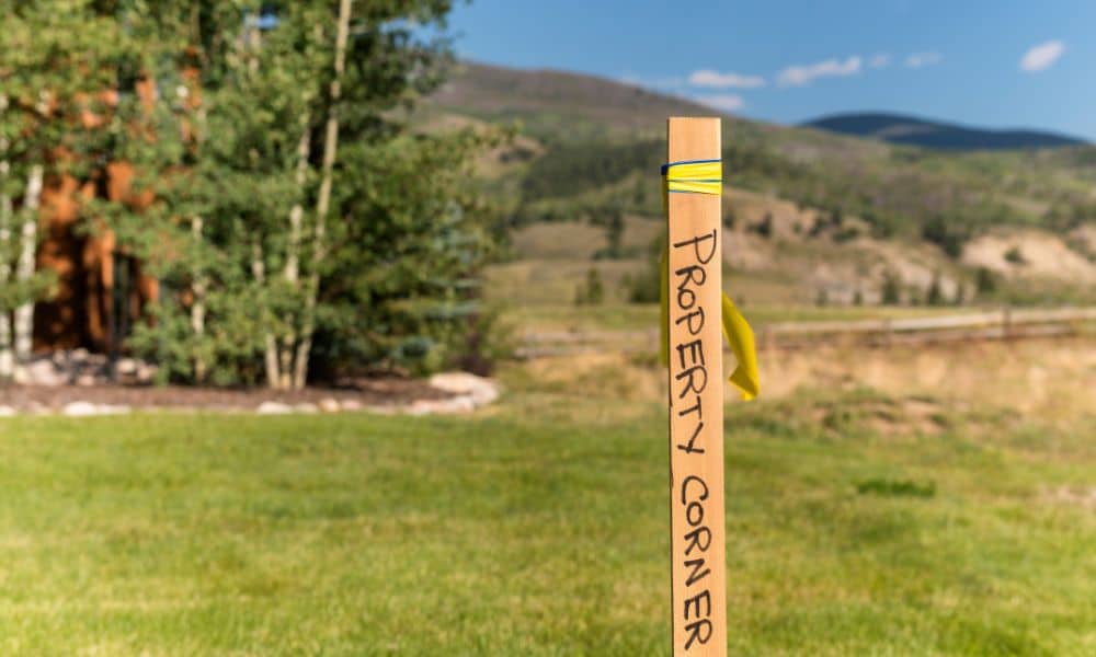 Property line marker stake showing a land boundary in a residential yard