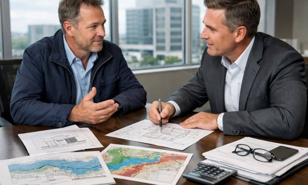 Property owner meeting with a lender to review documents and discuss an elevation certificate during the refinancing process