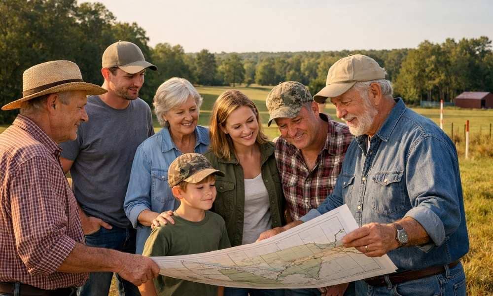 Family members looking over a lot survey map on their property