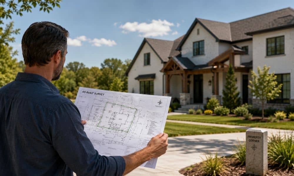 Homeowner reviewing an as-built survey after construction is completed to document property improvements and site conditions